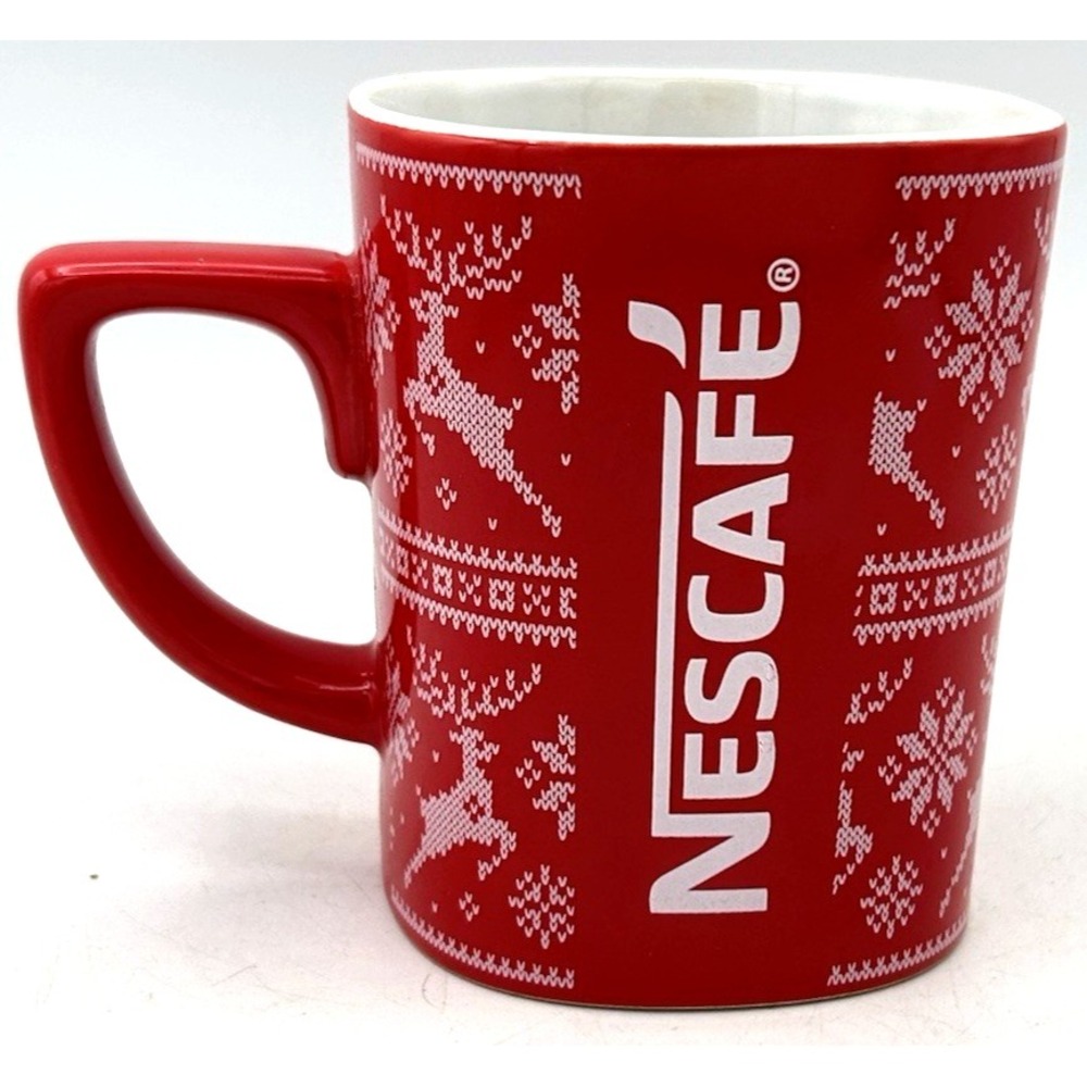 NESCAFÉ Red Coffee Mug Snowflake Reindeer Ceramic Collectible Christmas 11 Oz
